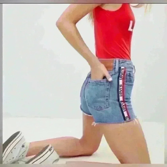 Levi's 501 High Rise Logo Stripe Sport Tape Shorts Jean Denim Shorts size 26 - Picture 2 of 13